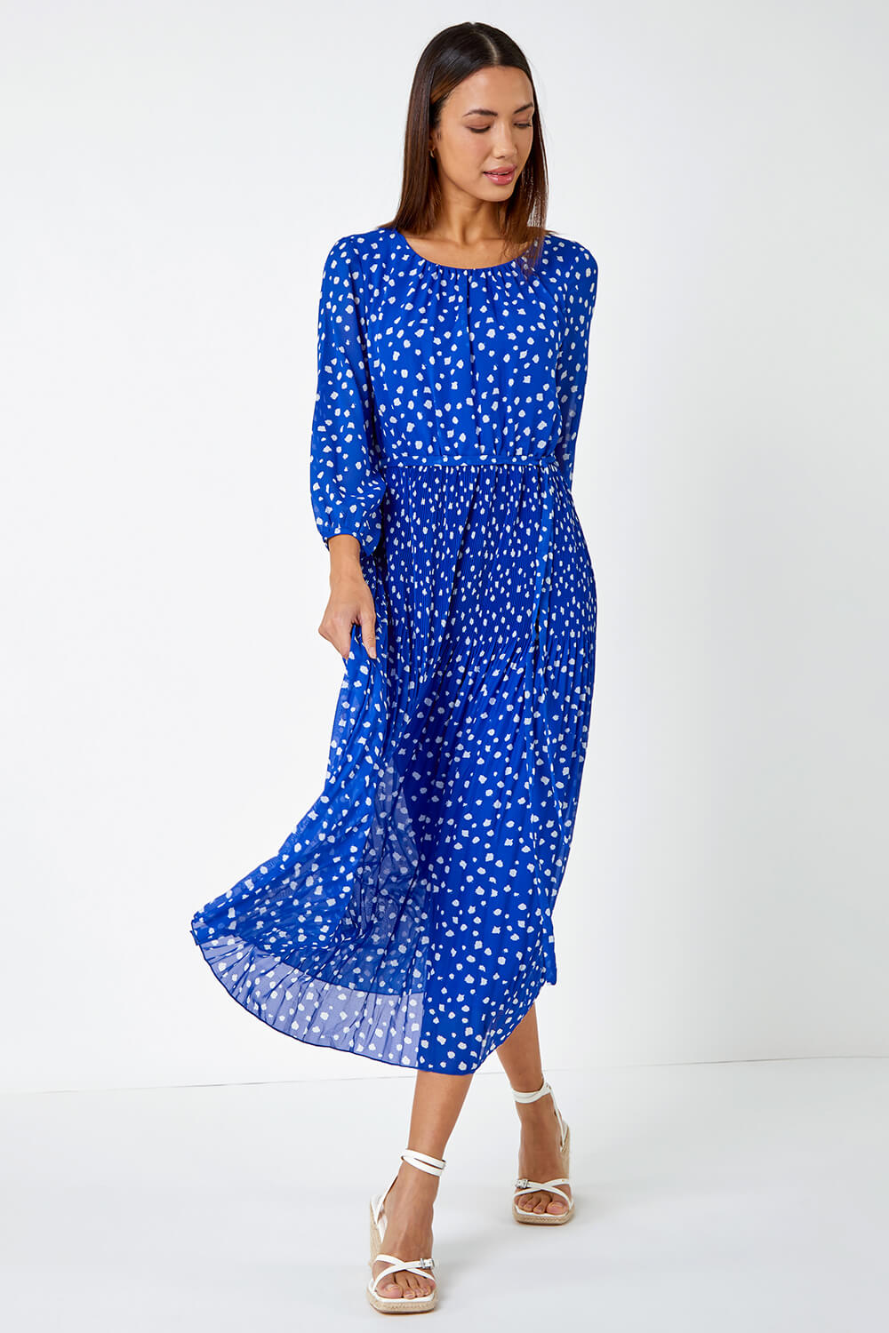 Royal Blue Spot Print Pleated Midi Dress, Image 3 of 6