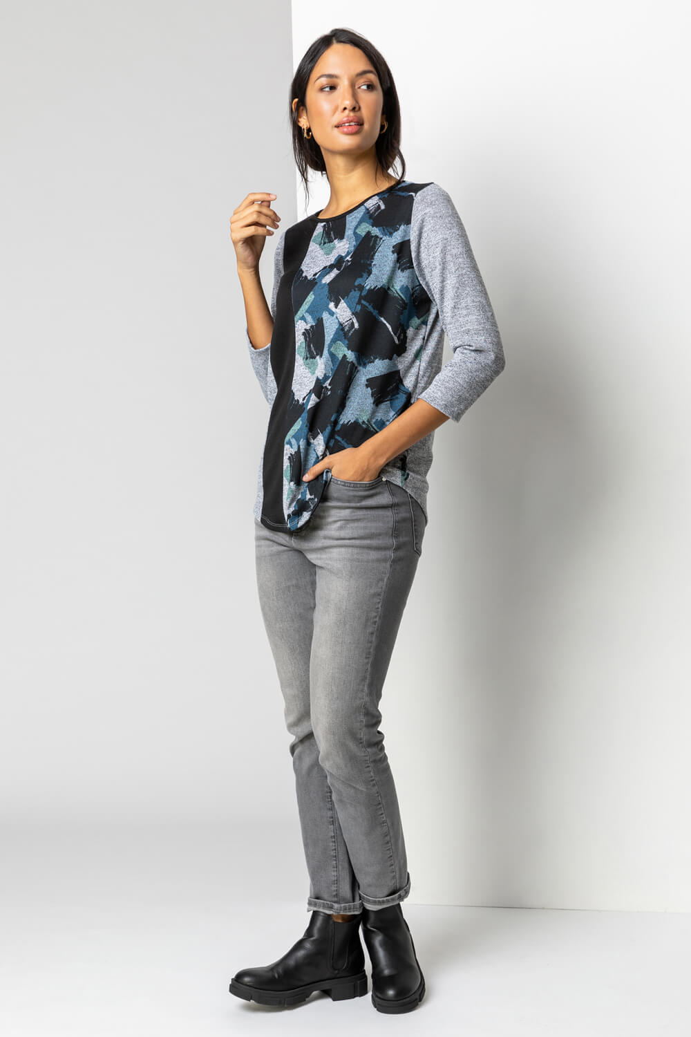 Blue Abstract Print Colourblock Top, Image 3 of 4