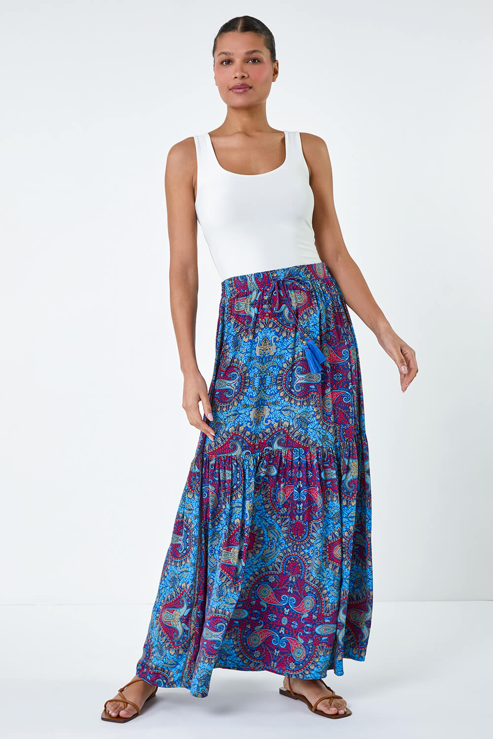 Purple Paisley Print Stretch Maxi Skirt, Image 2 of 5