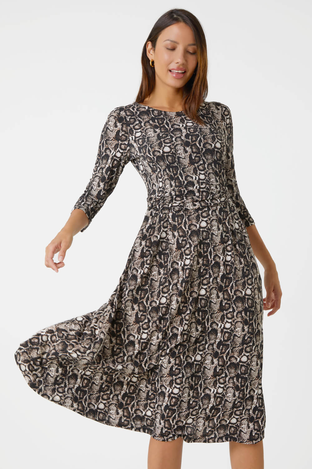 Coffee Snake Print Gathered Stretch Ruched Dress, Image 2 of 5