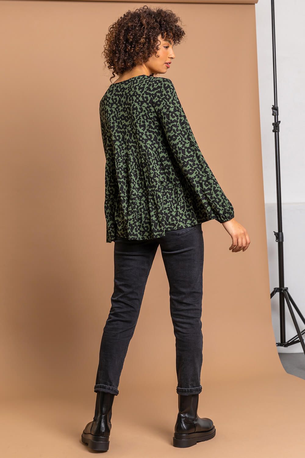 Green Animal Print V Neck Tiered Top, Image 2 of 5