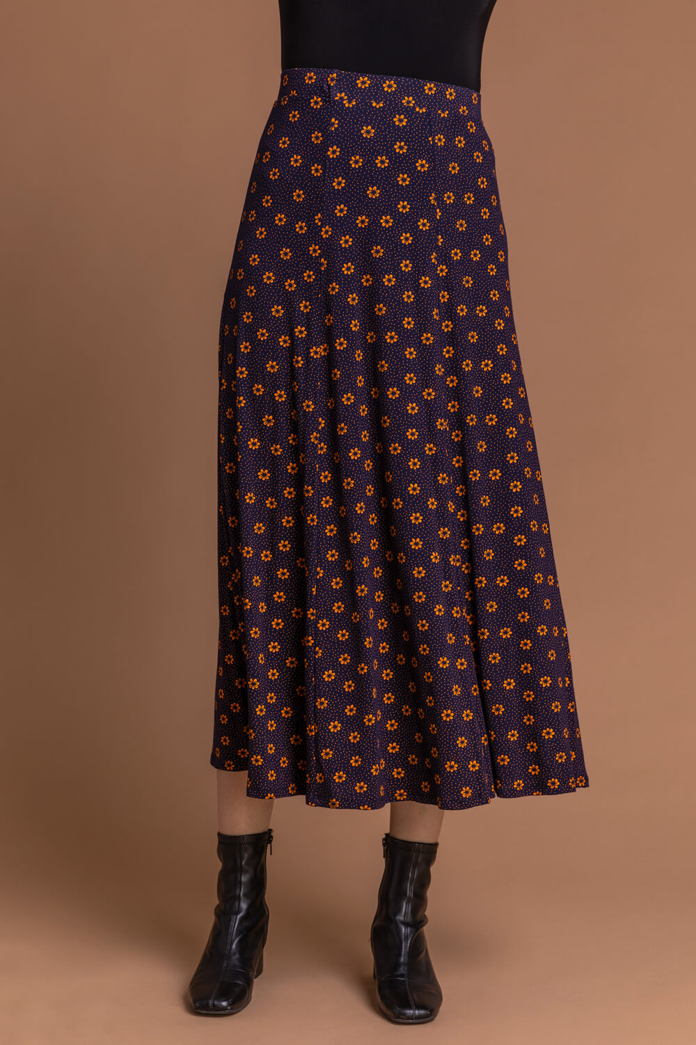 Navy  Daisy Dot Jersey Midi Skirt, Image 3 of 4
