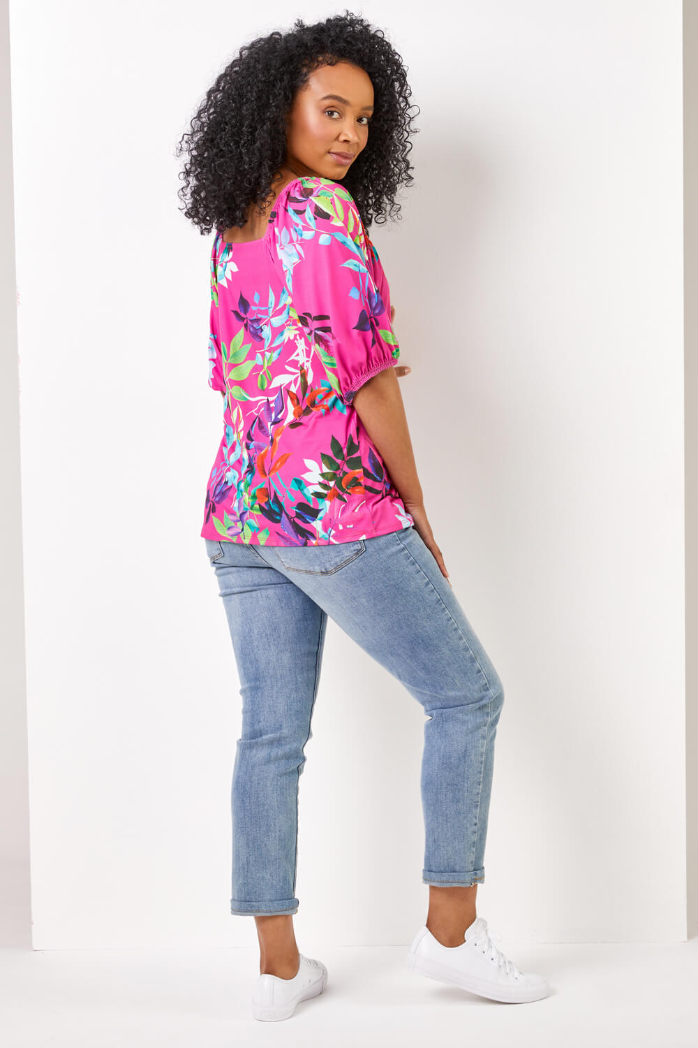 PINK Petite Tropical Print Square Neck Top, Image 3 of 5