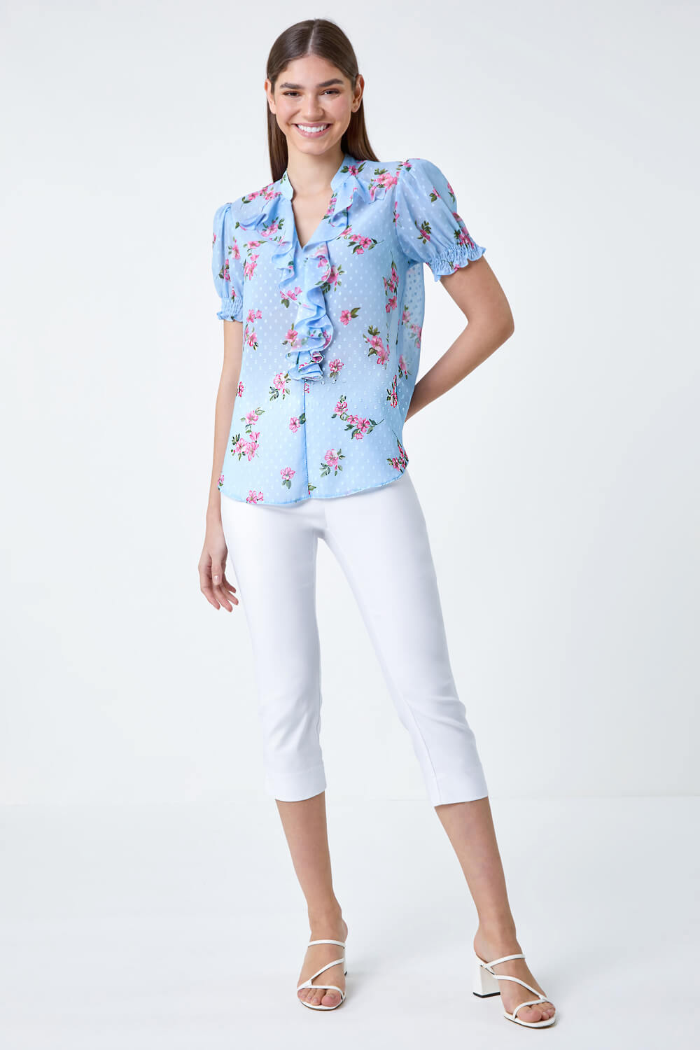 Blue Textured Spot Floral Print Frill Top, Image 4 of 5