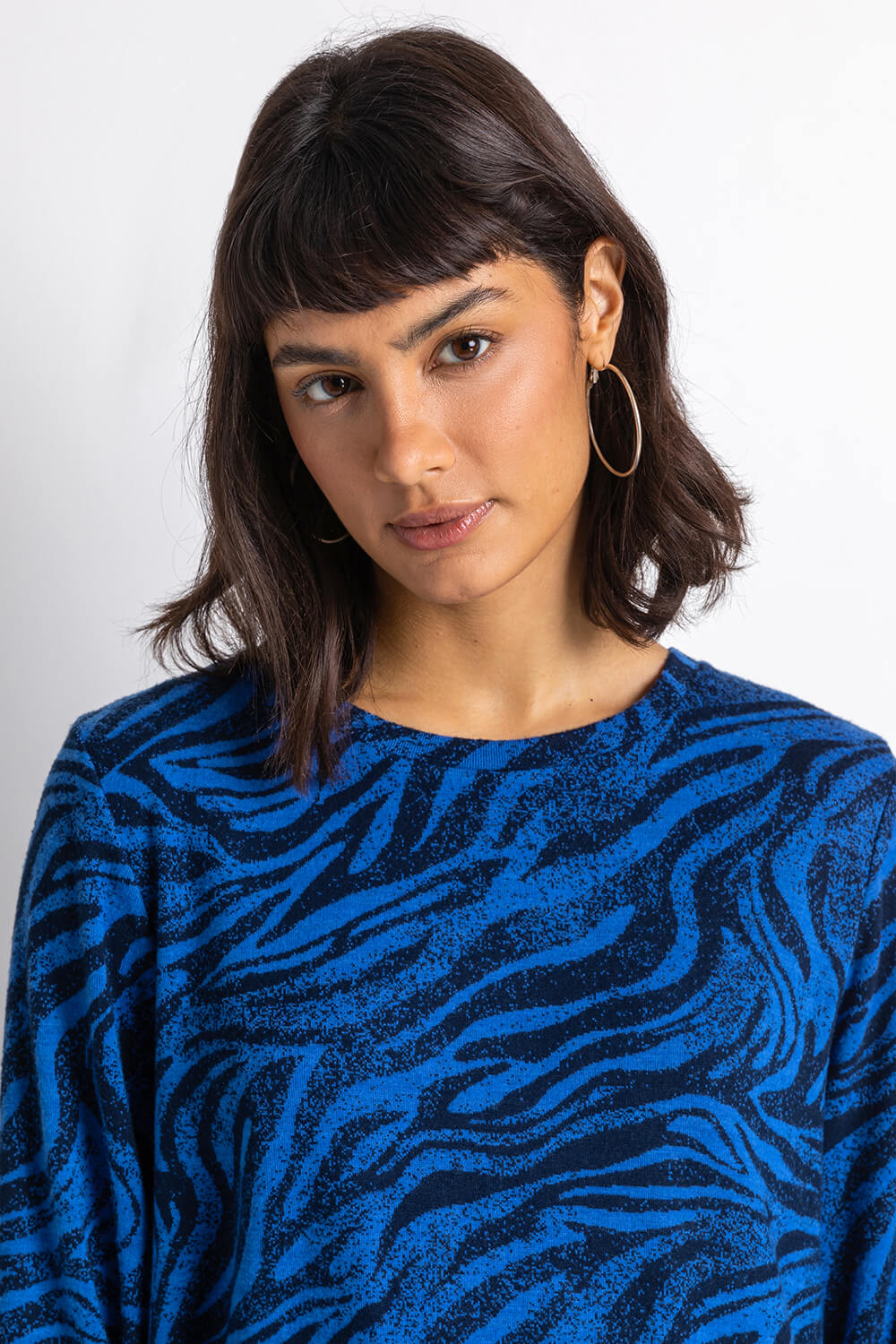 Royal Blue Animal Jacquard Puff Sleeve Sweatshirt, Image 4 of 4