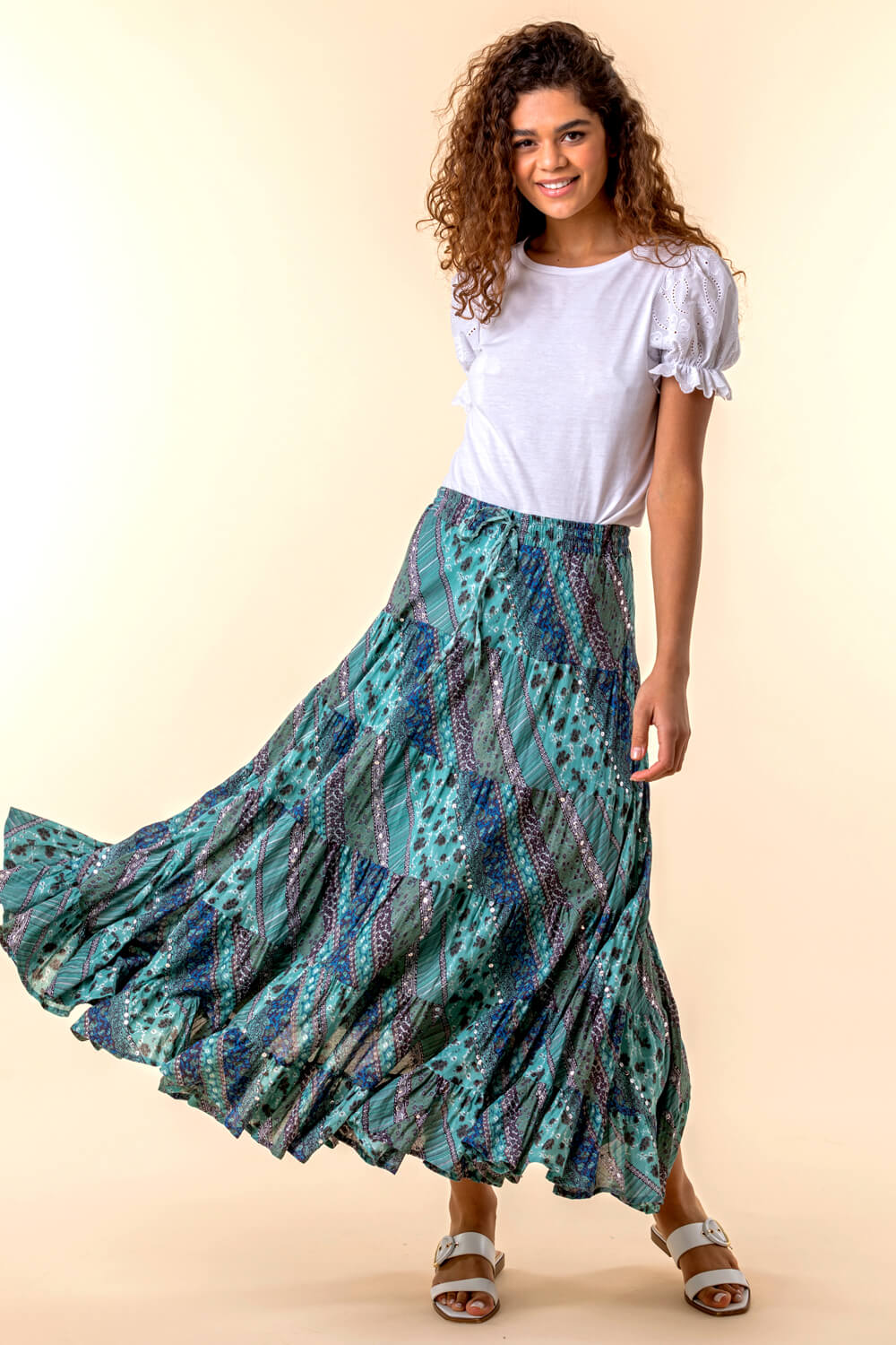 Turquoise Paisley Print Sequin Embellished Skirt, Image 4 of 4