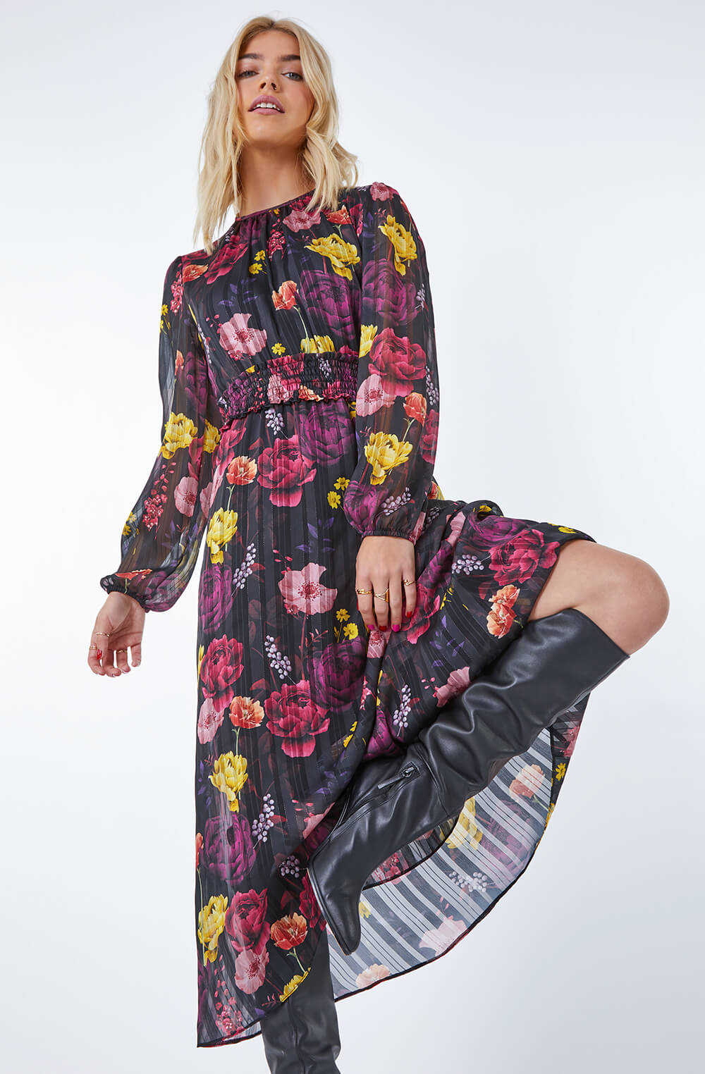 Floral Print Shirred Midi Dress