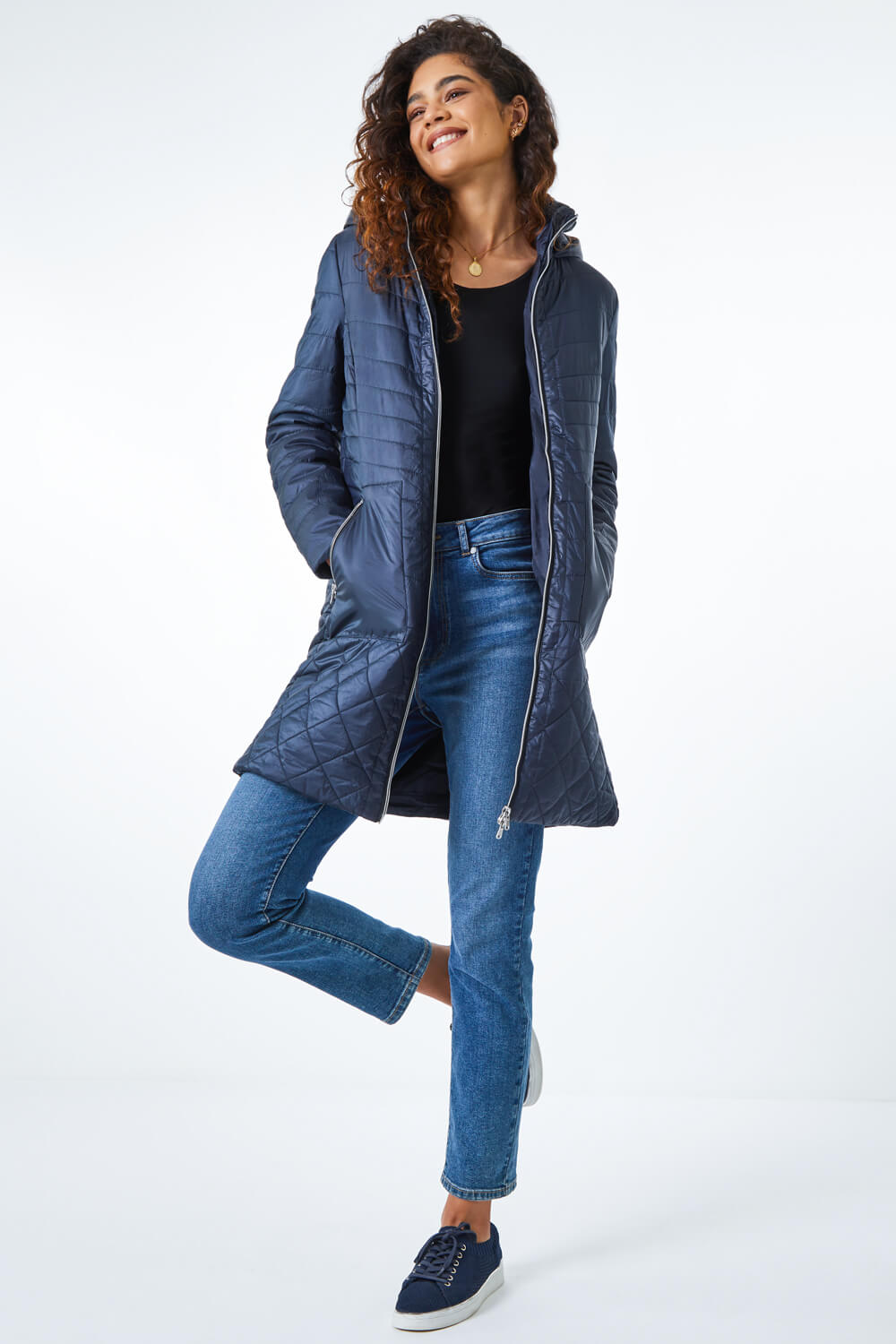 Navy  Longline Quilted Coat with Hood, Image 3 of 6