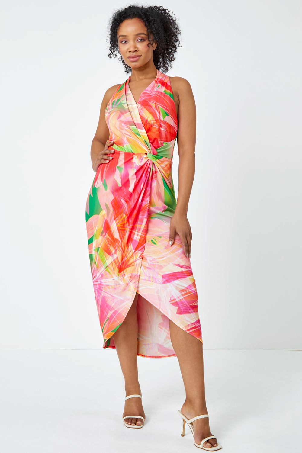 PINK Petite Tropical Wrap Ruched Maxi Dress, Image 2 of 5