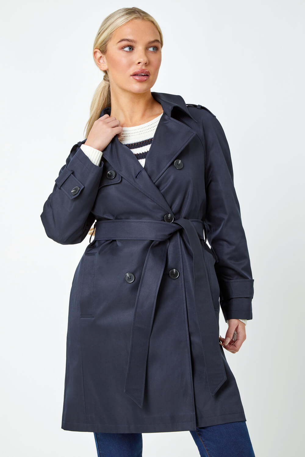 Navy Petite Double Breasted Trench Coat | Roman UK
