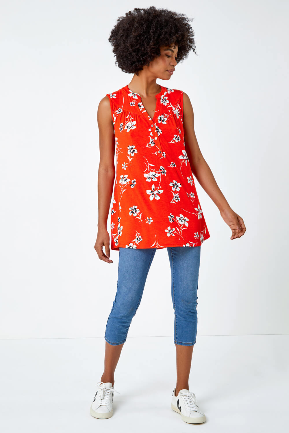 Red Sleeveless Floral Print Top, Image 2 of 5