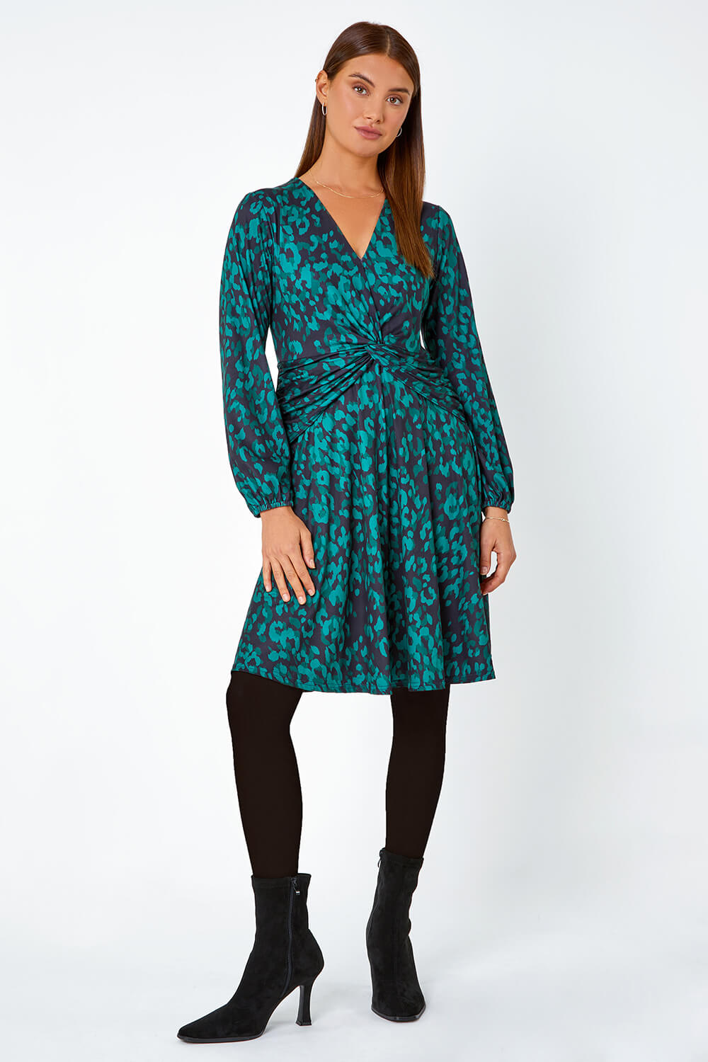 Green Leopard Print Gathered Stretch Dress, Image 3 of 5