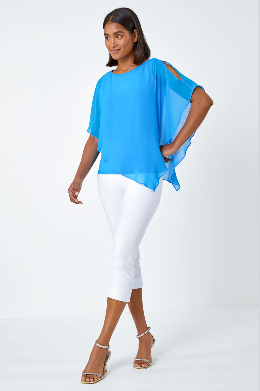 Turquoise Asymmetric Cold Shoulder Stretch Top, Image 2 of 5