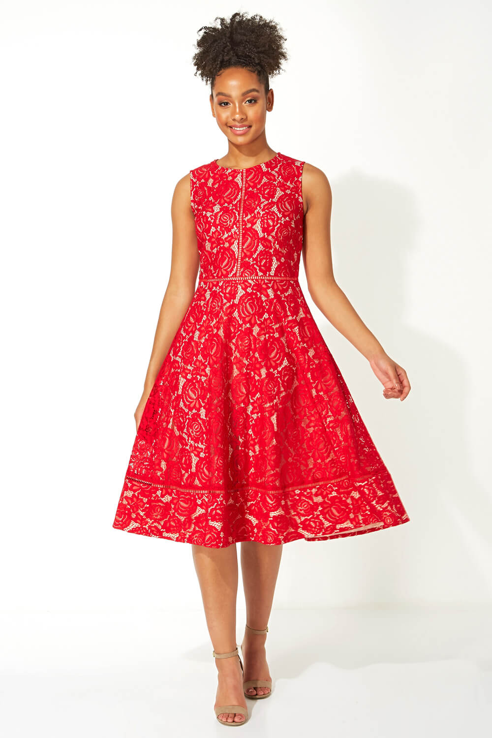 Red Fit And Flare Lace Midi Dress, Image 2 of 5