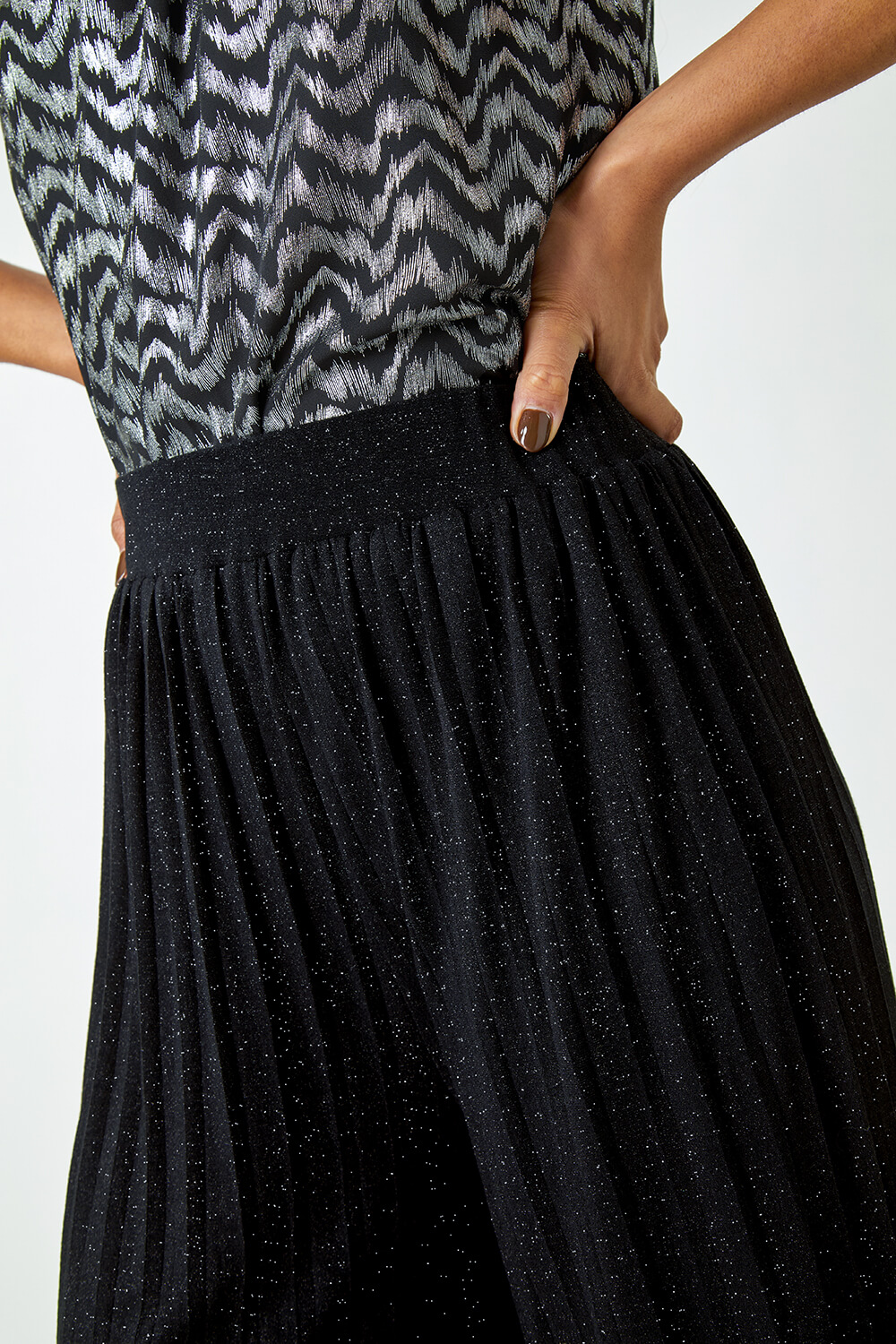 Black Pleated Glitter Stretch Trousers, Image 5 of 5