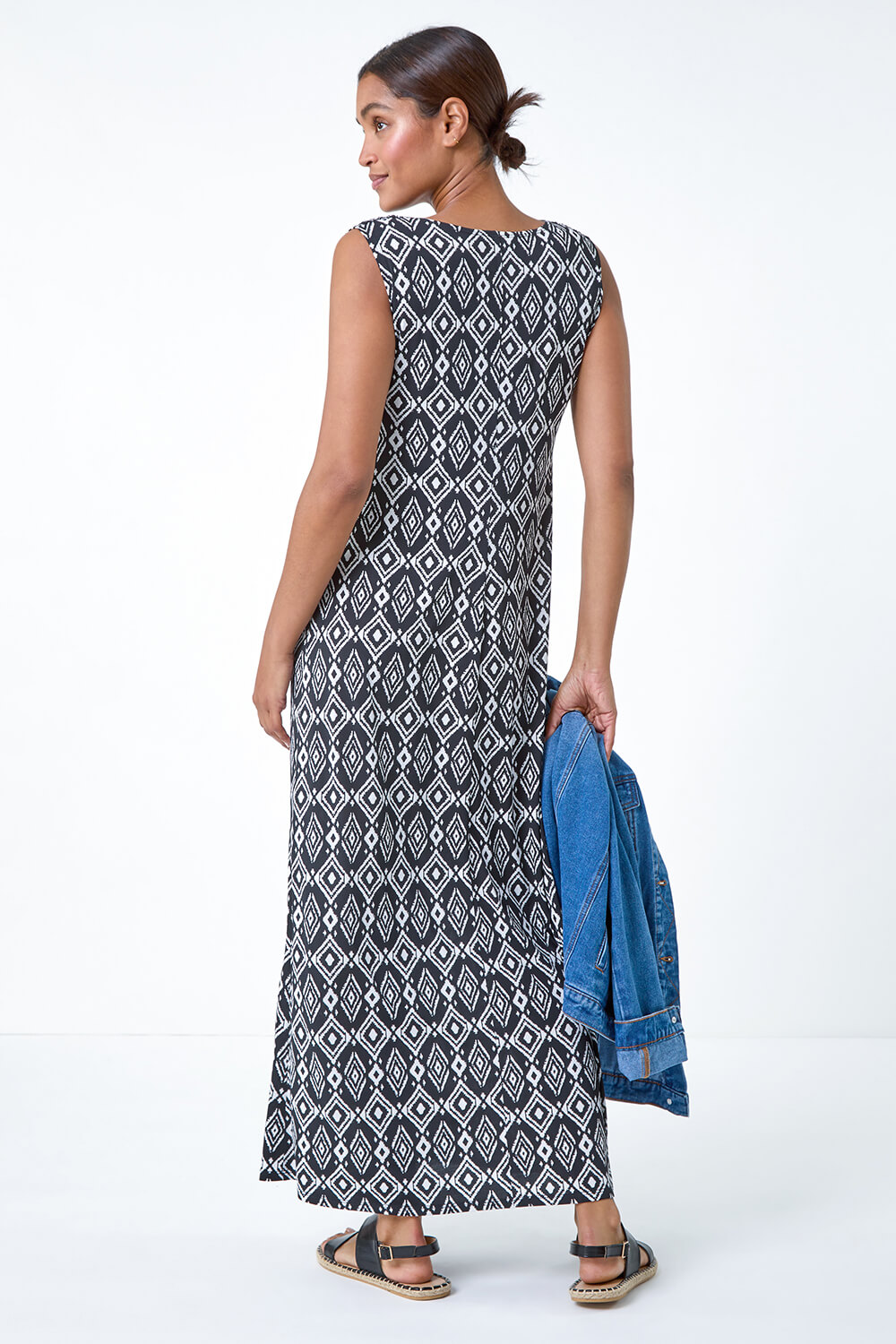 Black Aztec Puff Print Twist Stretch Maxi Dress, Image 3 of 5