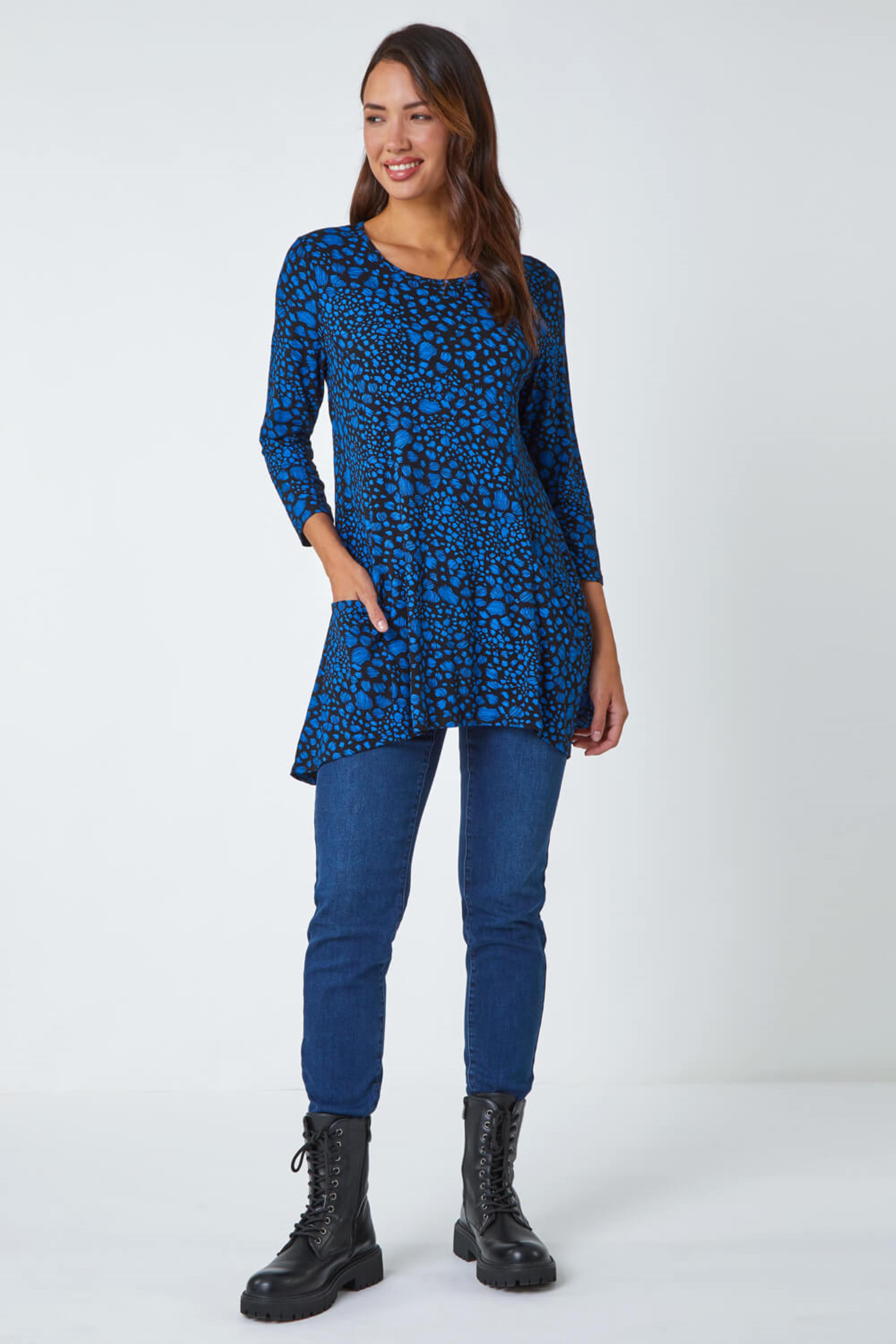 Blue Spot Print Stretch Swing Top , Image 2 of 5