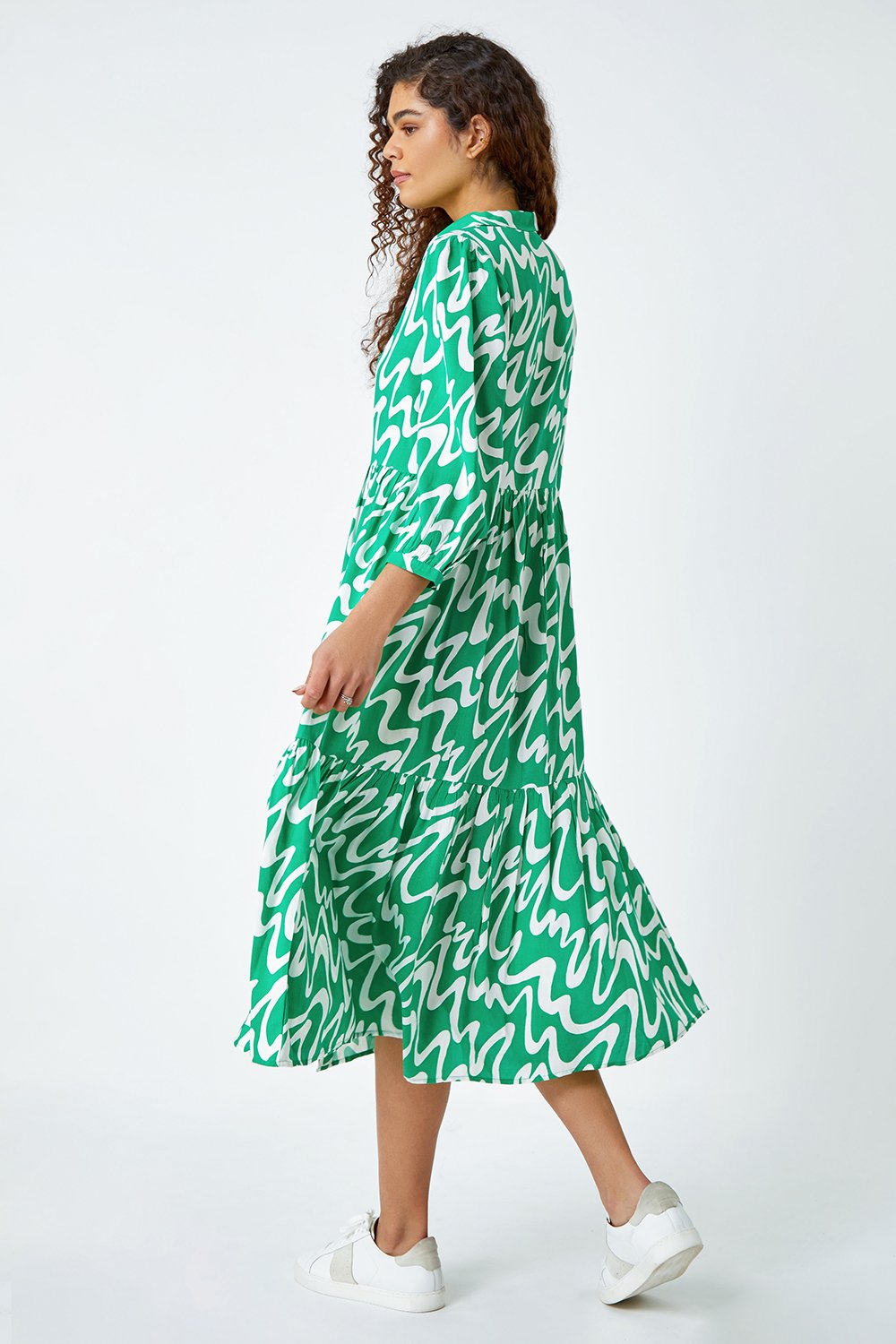 Green Wave Print Tiered Shirt Dress, Image 3 of 6