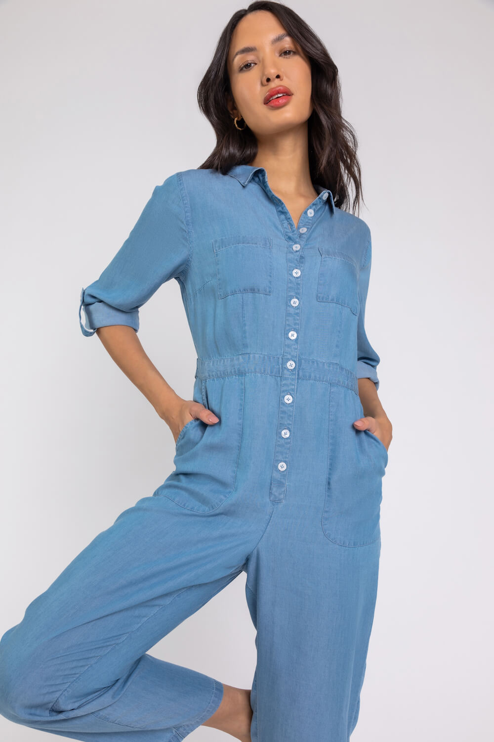 Denim Buttoned Collar Utility Jumpsuit, Image 5 of 5