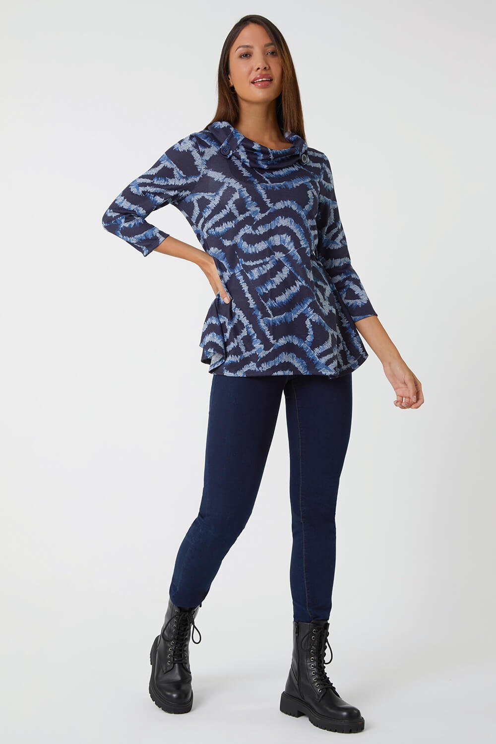 Blue Abstract Print Cowl Neck Stretch Top, Image 2 of 5