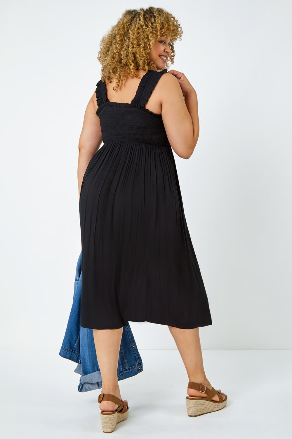 Black Curve Sleeveless Shirred Midi Stretch Dress, Image 3 of 5