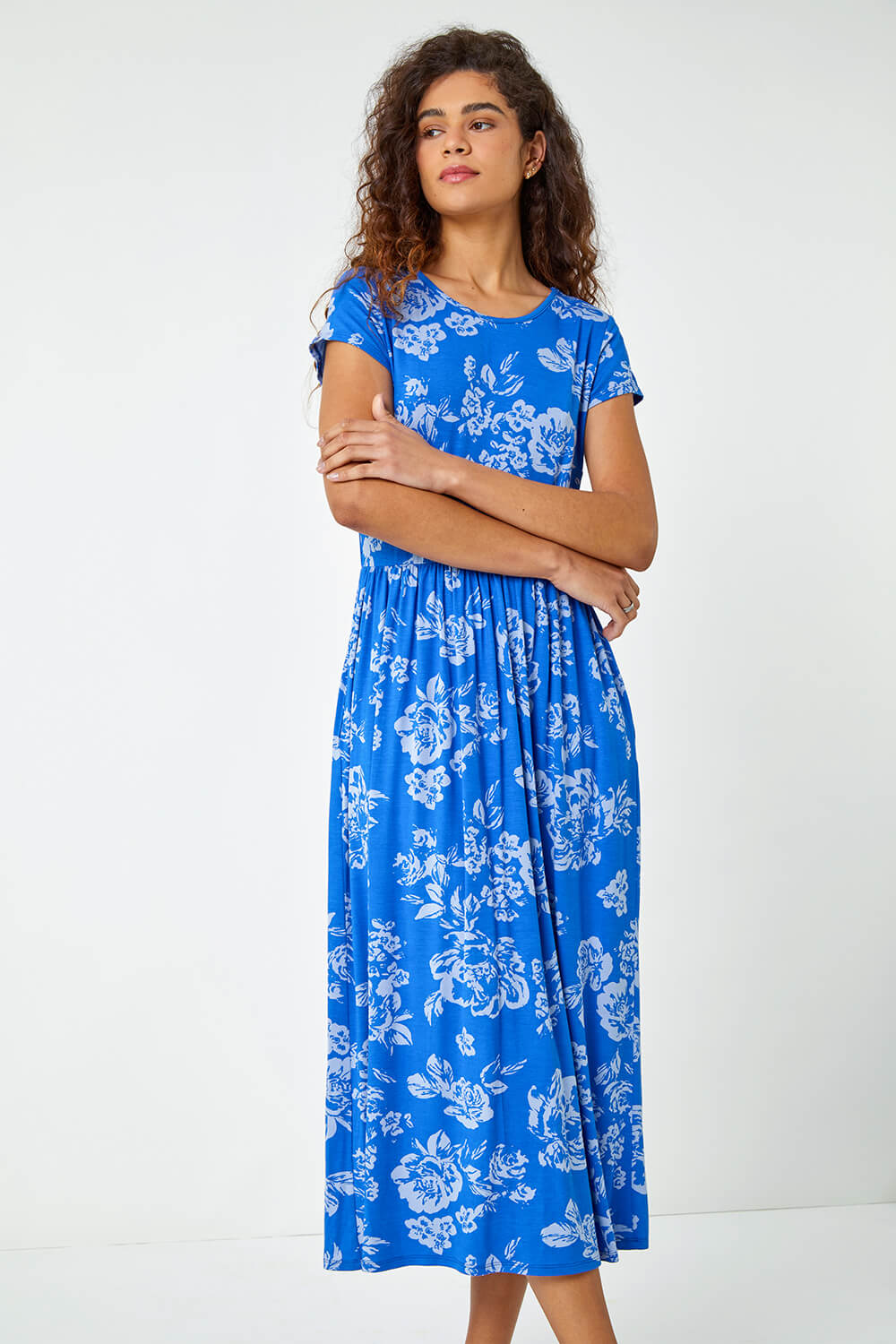Blue Floral Print Midi Stretch Dress, Image 2 of 5