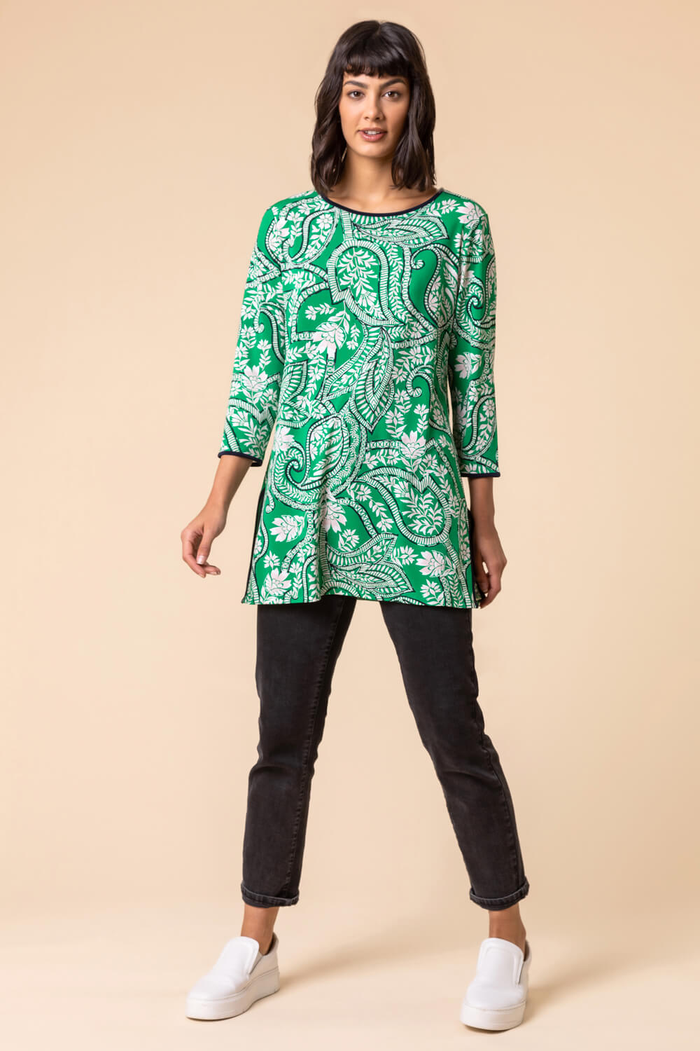 Green Paisley Print Contrast Trim Tunic Top, Image 3 of 4