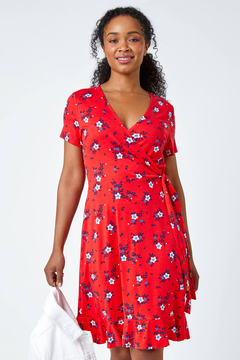 Red Petite Floral Stretch Wrap Dress, Image 2 of 5