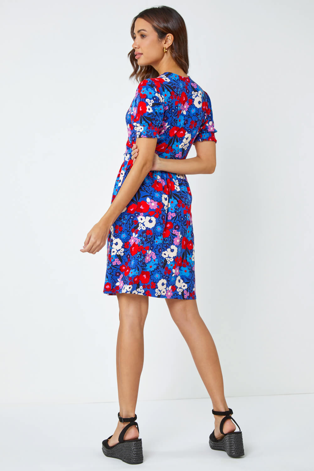 Blue Floral Frill Sleeve Wrap Dress , Image 3 of 5
