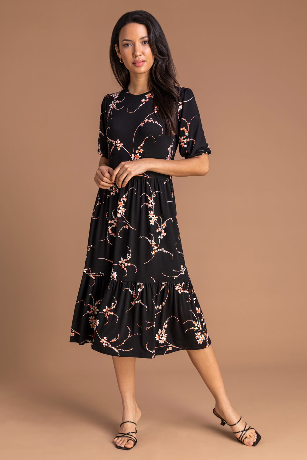 Floral Print Tiered Midi Dress in Black - Roman Originals UK
