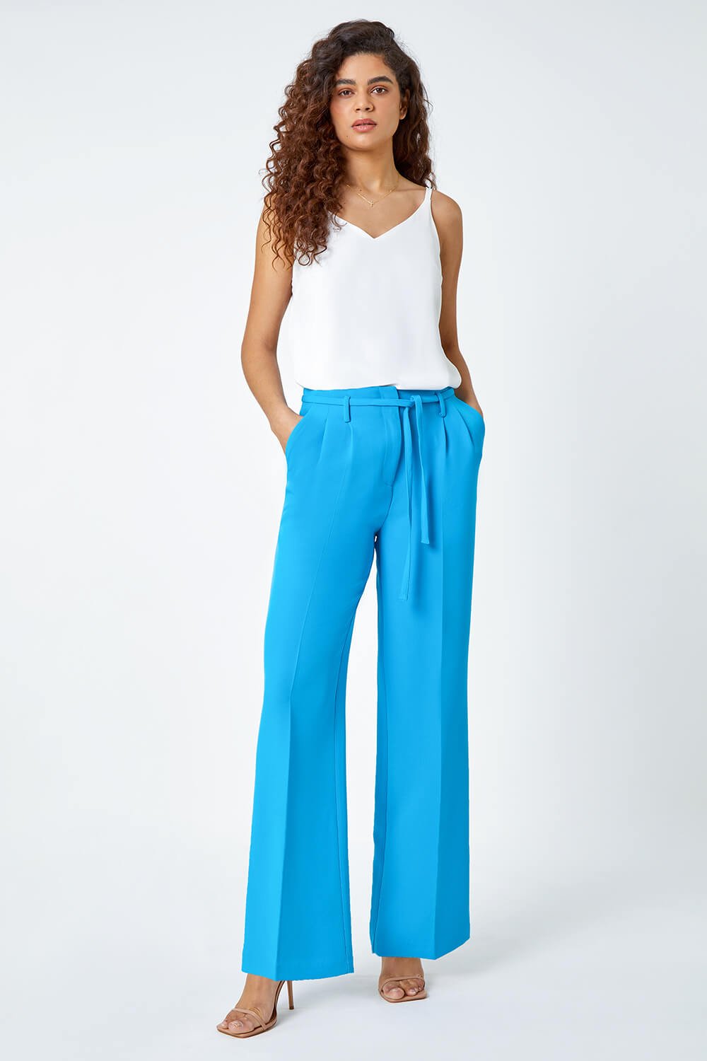 Turquoise Crepe Stretch Straight Leg Trousers, Image 2 of 5
