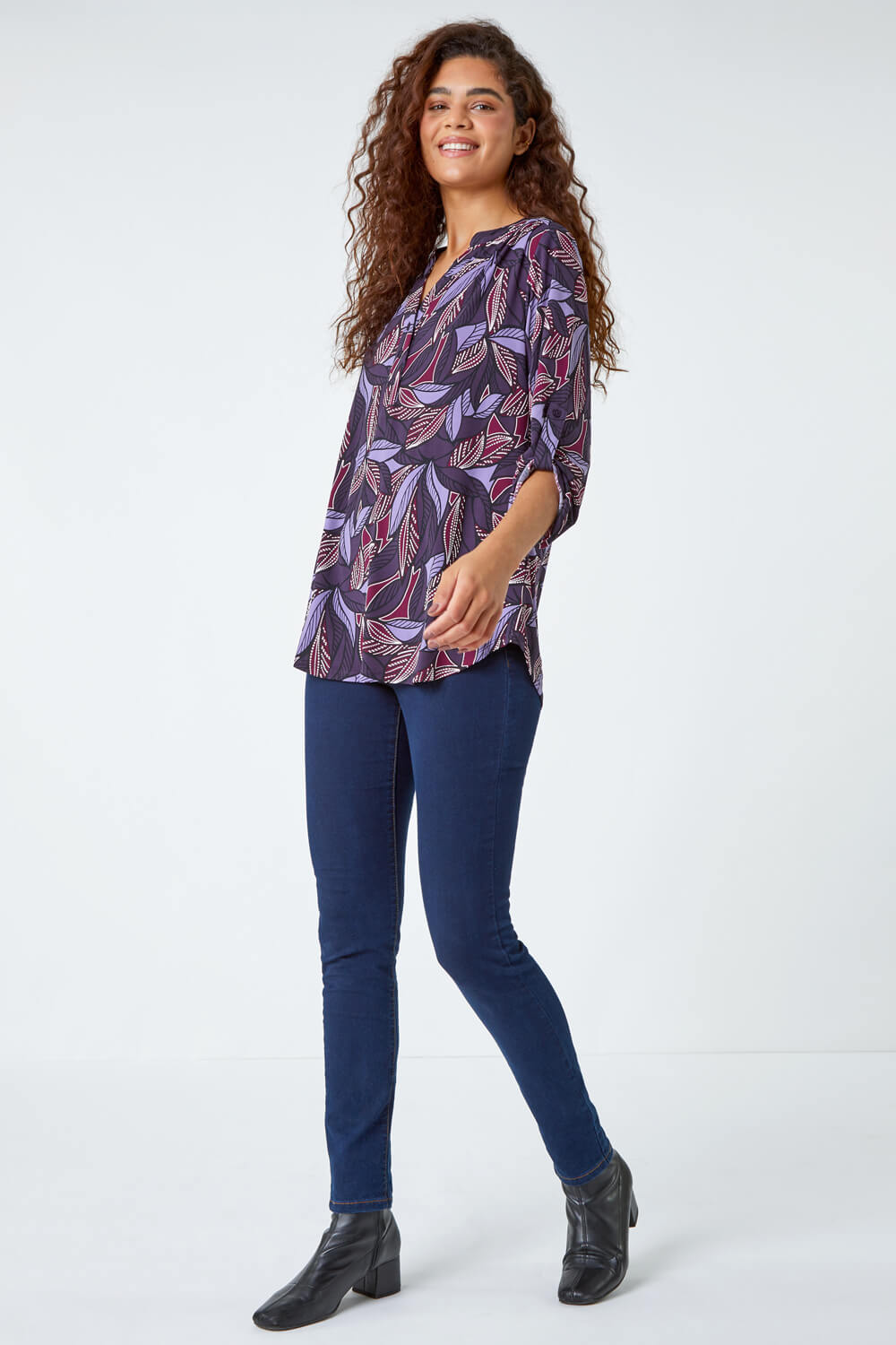 Purple Textured Leaf Print Stretch Shirt, Image 2 of 5