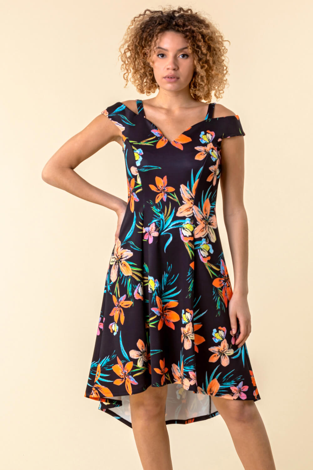 Black Cold Shoulder Floral Print Dress, Image 4 of 4