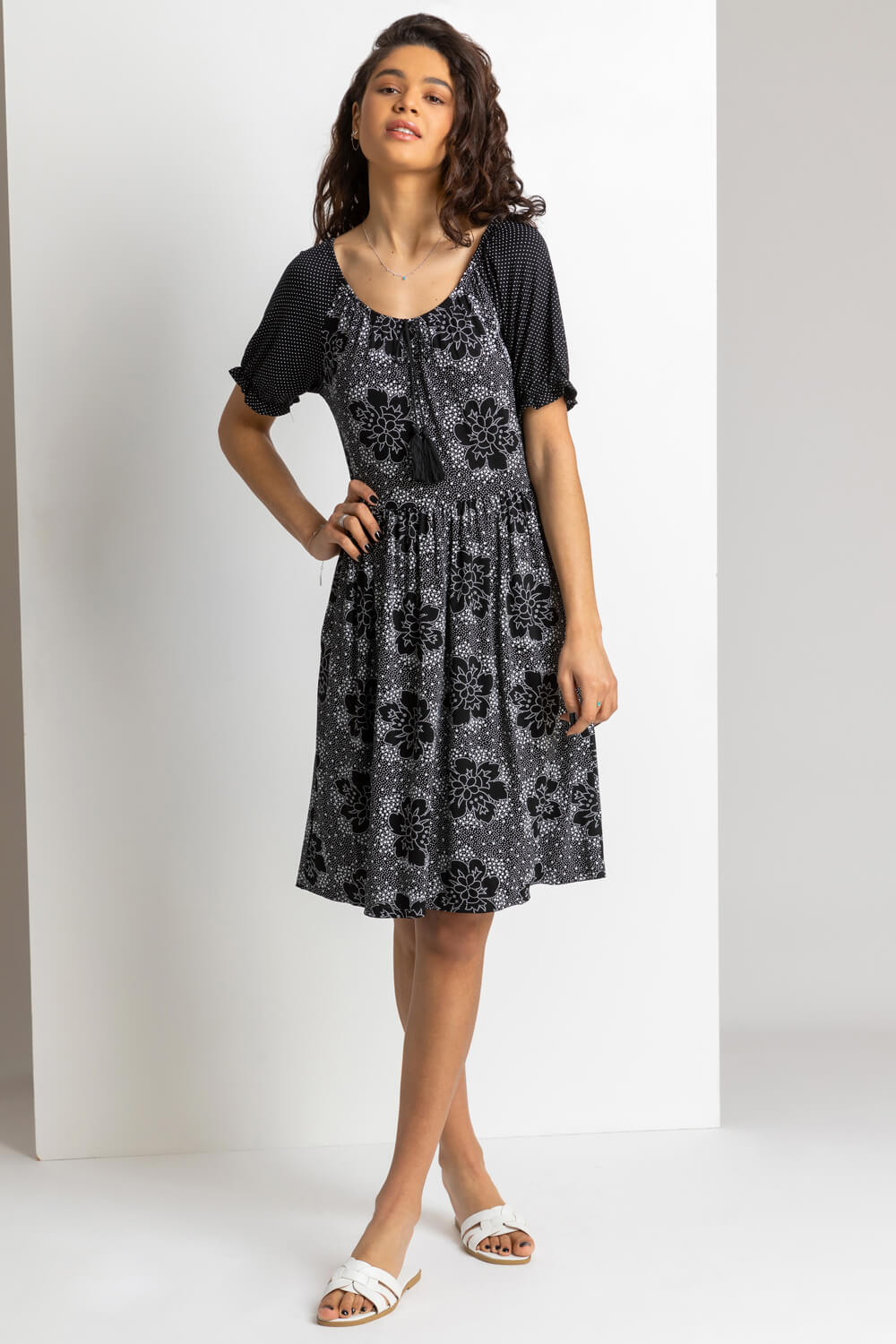 Black Mixed Floral Spot Print Tassel Dress, Image 3 of 4
