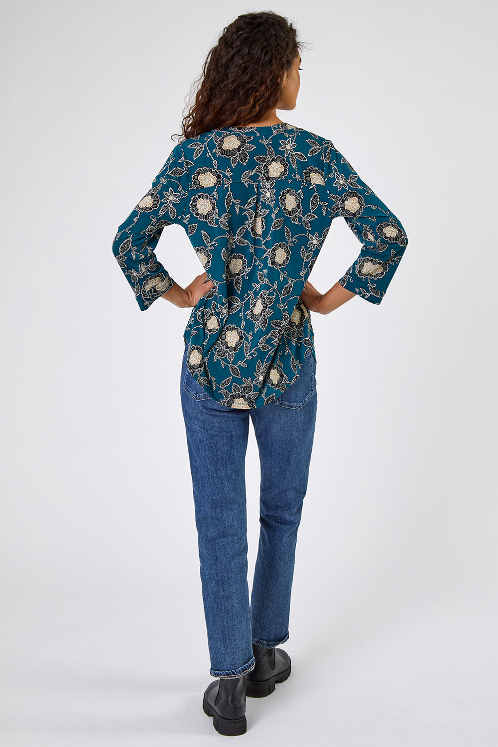 Green Textured Floral Print Notch Neck Top, Image 2 of 5