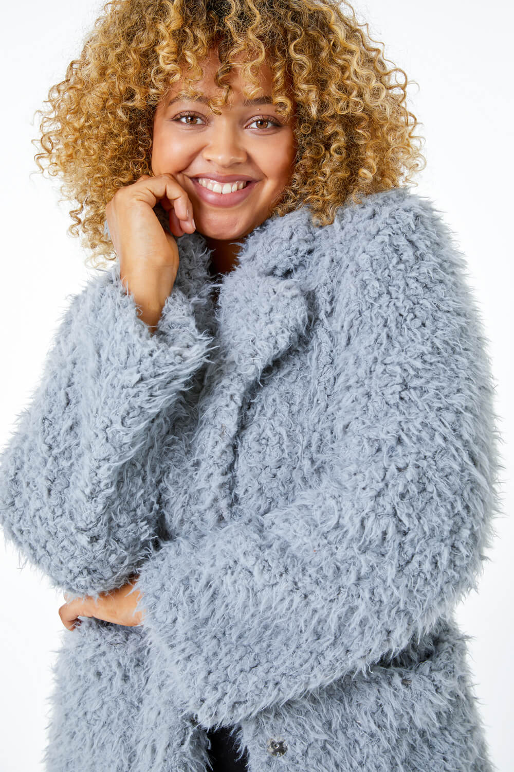 Grey Curve Fluffy Textured Coat, Image 4 of 5