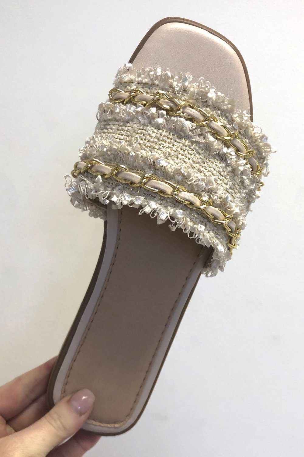 Natural  Woven Gold Detail Slider Sandals, Image 2 of 4