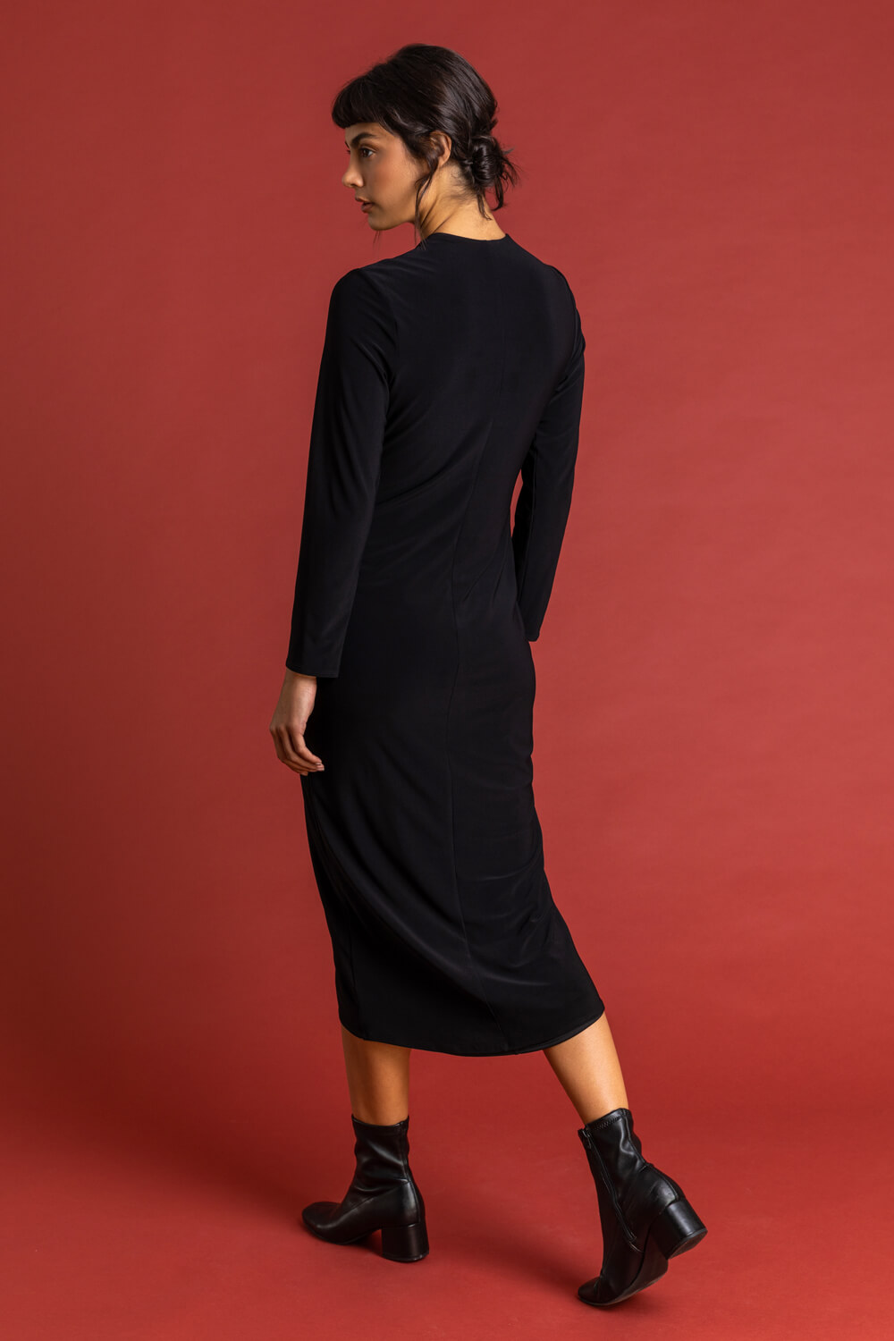 Black Fitted Jersey Ruched Wrap Dress, Image 2 of 5