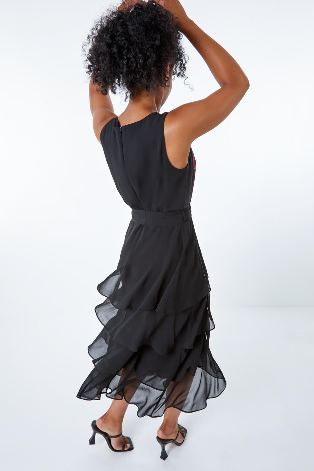Black Petite Floral Print Tiered Dress, Image 3 of 5