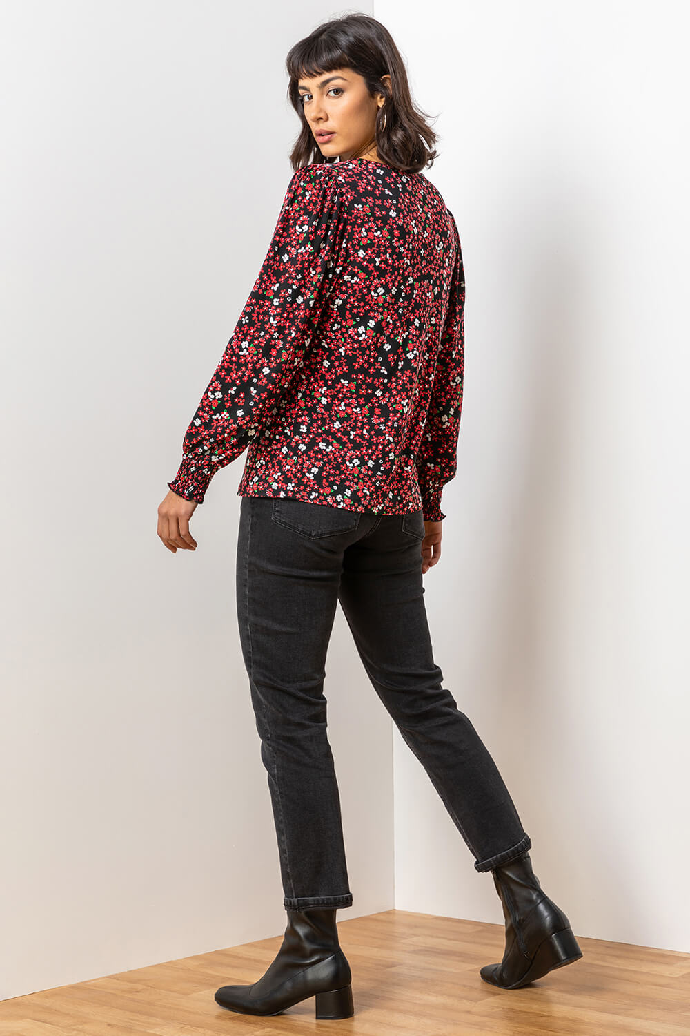 Red Ditsy Floral Print Top, Image 3 of 5