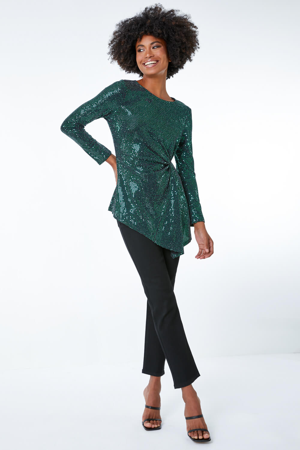 Green Sequin Ruched Waist Jersey Top, Image 4 of 5