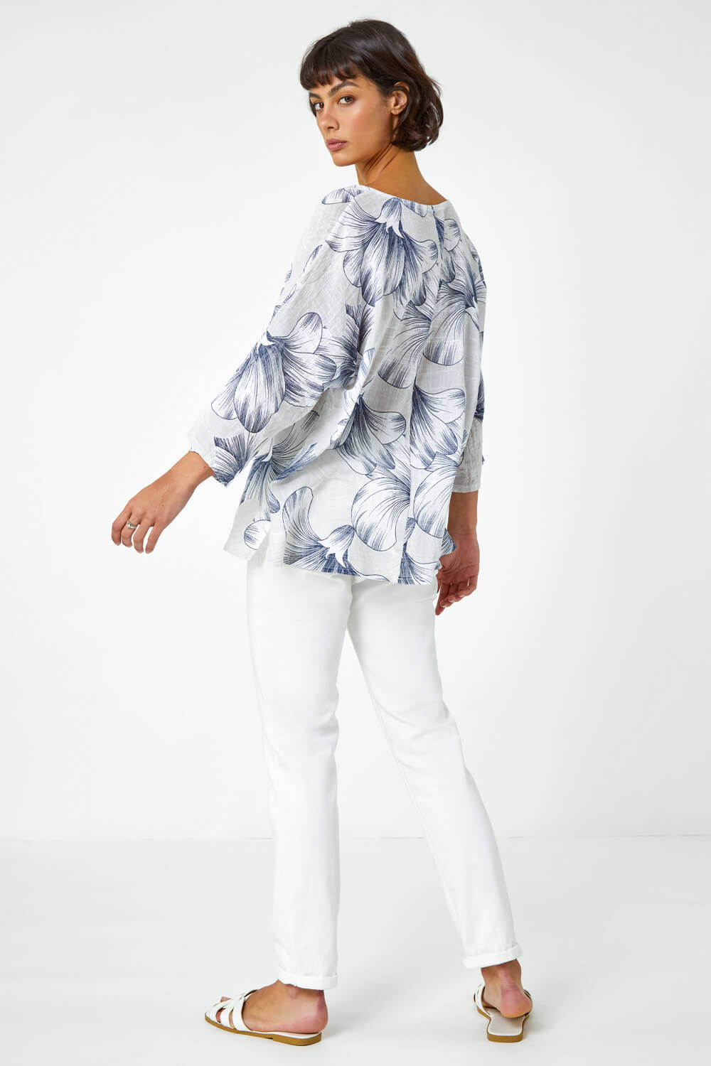 Grey Floral Print Cotton Tunic Top, Image 3 of 5