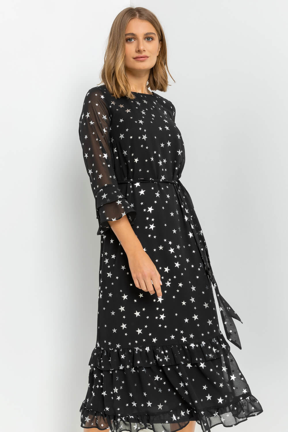 Black Star Foil Print Frill Dress, Image 3 of 5
