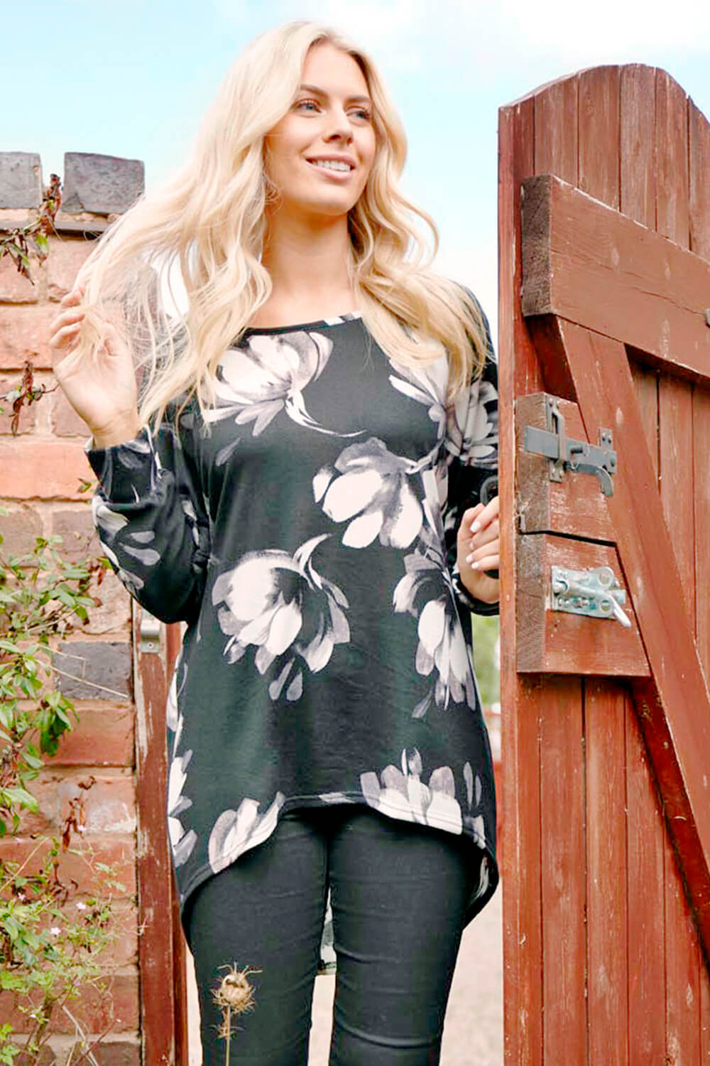 Black Wooly Touch Floral Print Tunic Top, Image 2 of 4