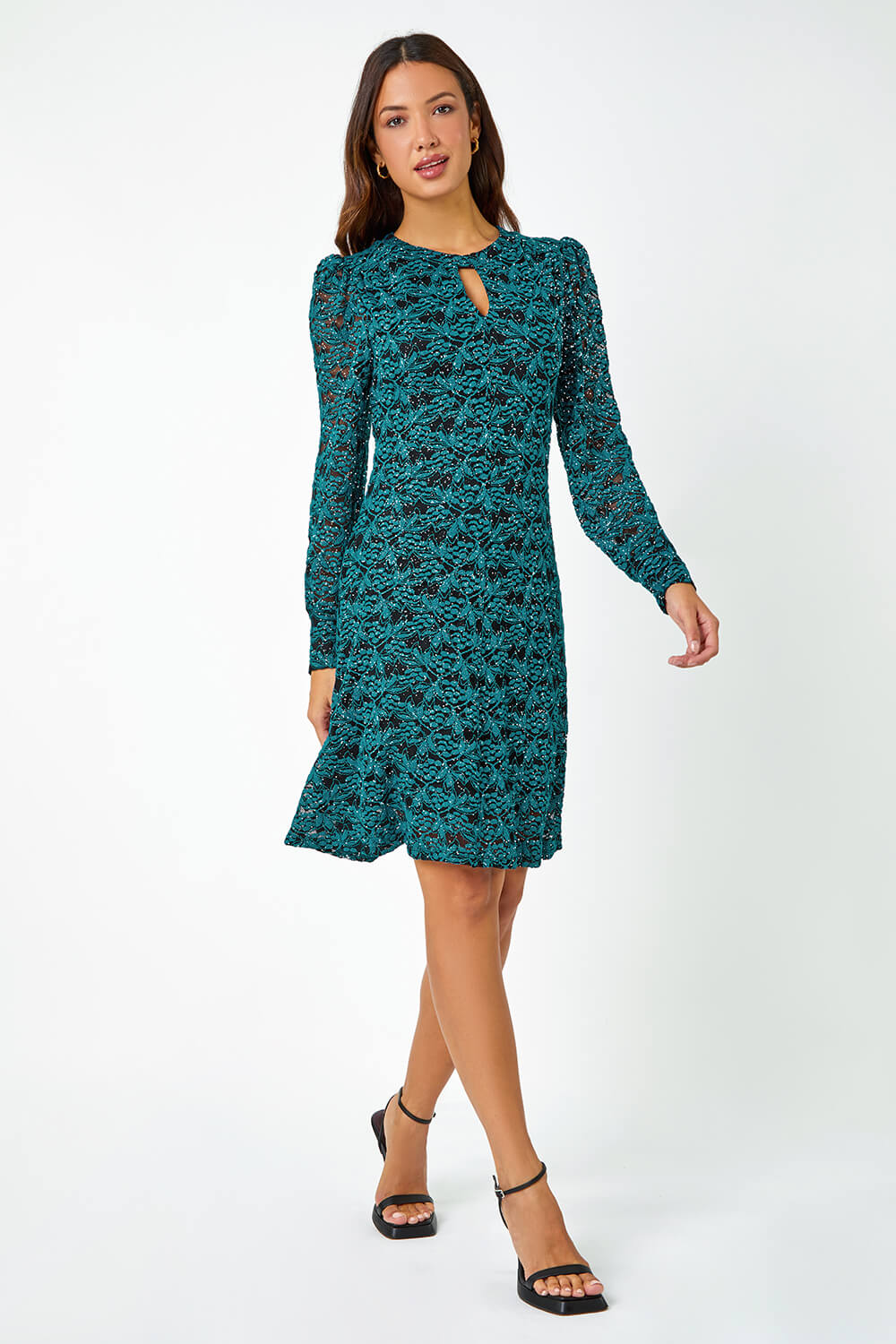 Teal Stretch Lace Sparkle Swing Dress, Image 2 of 5