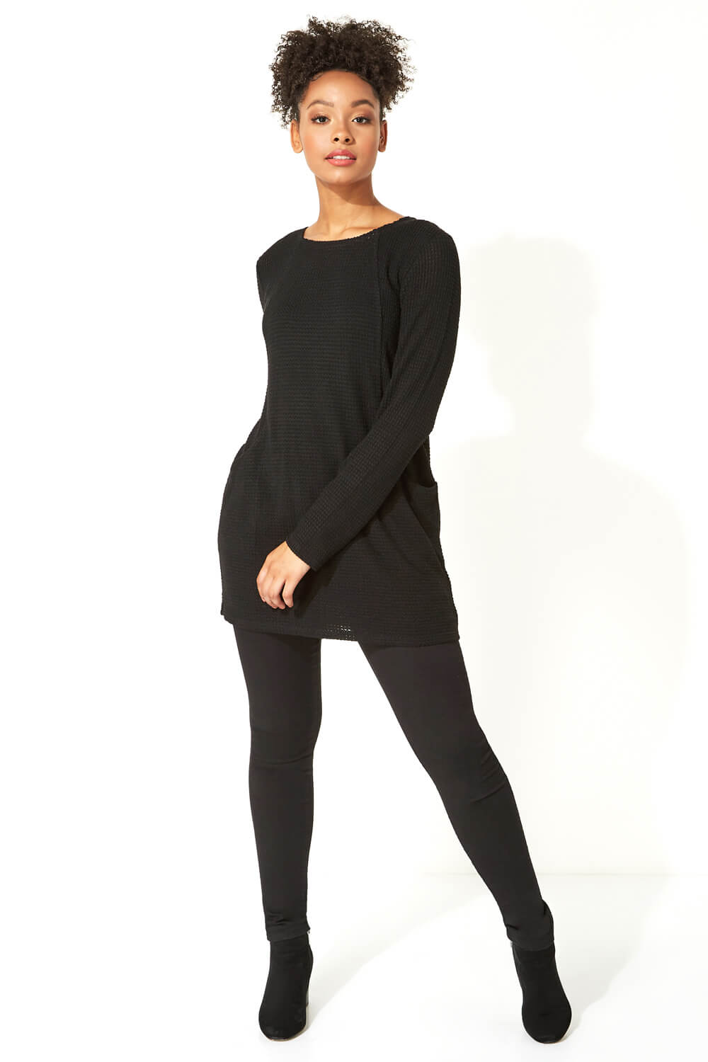 Black Textured Longline Top with Snood, Image 2 of 6