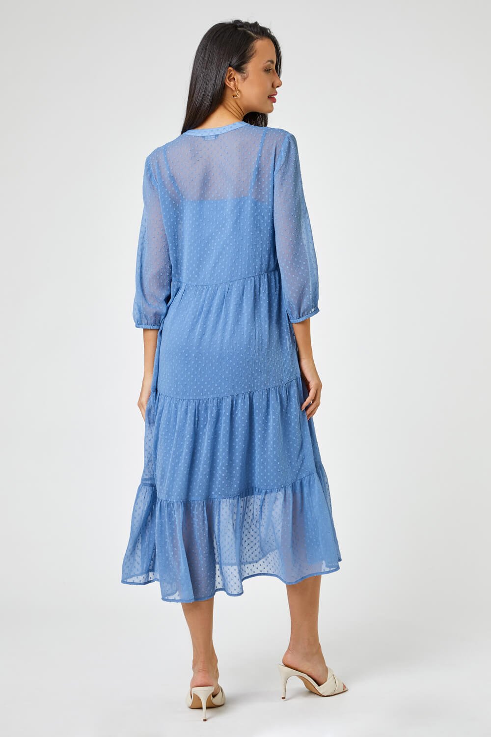 Sky Blue Textured Spot Print Tiered Midi Dress, Image 3 of 5