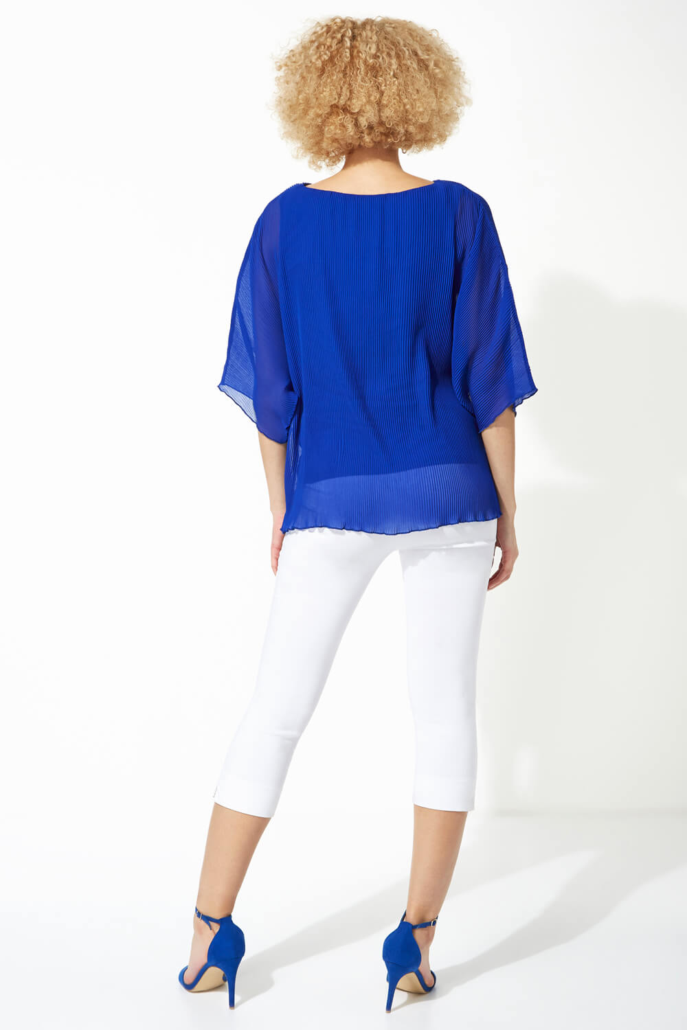 Royal Blue Pleated Chiffon Overlay Top, Image 3 of 8