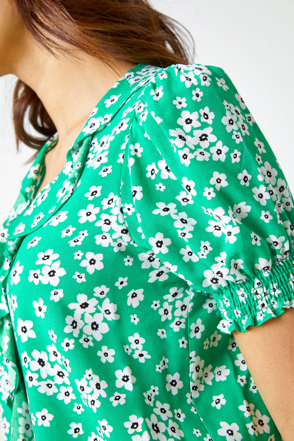 Green Ditsy Floral Print Ruffle Top, Image 5 of 5