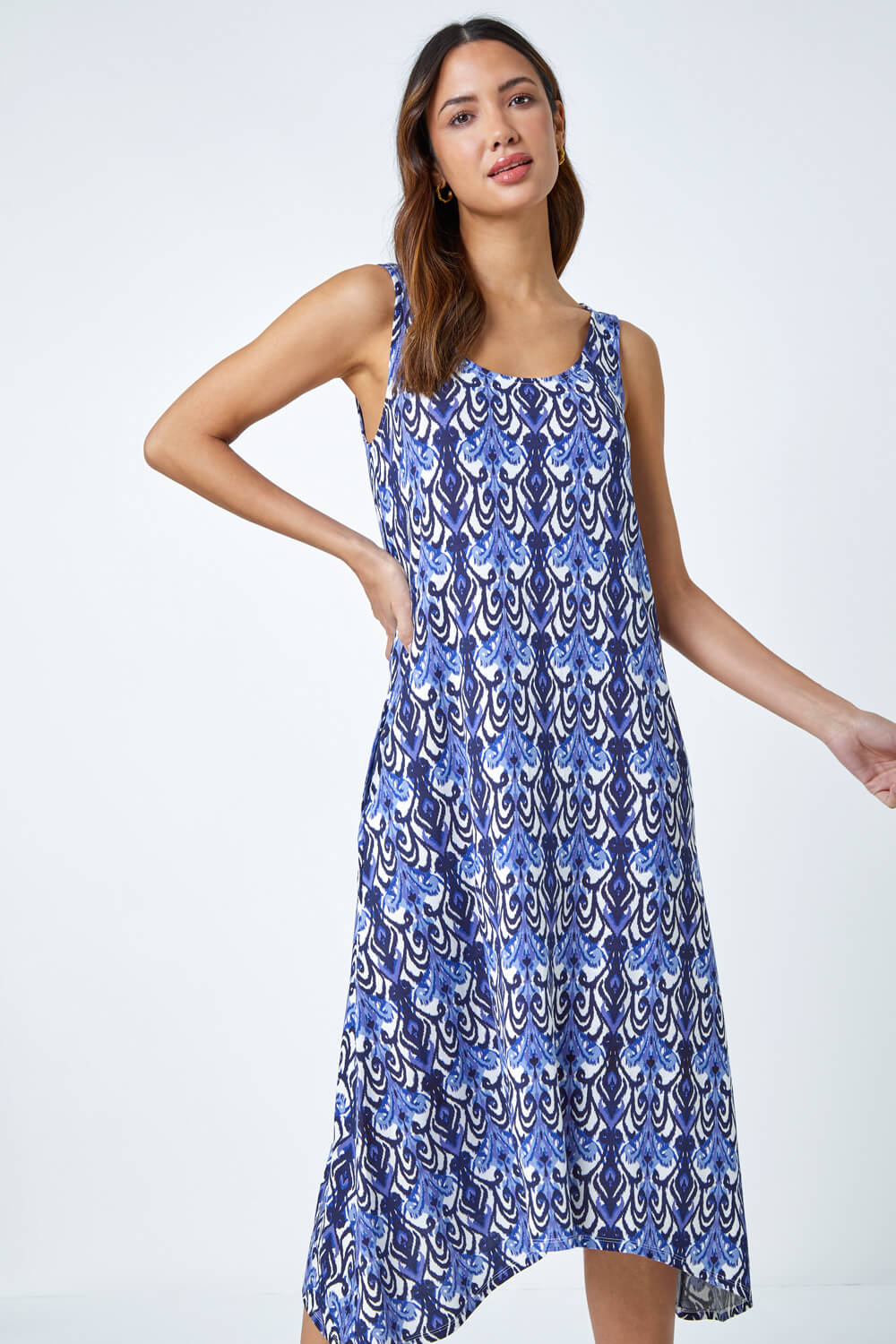 Blue Sleeveless Aztec Print Midi Stretch Dress | Roman UK